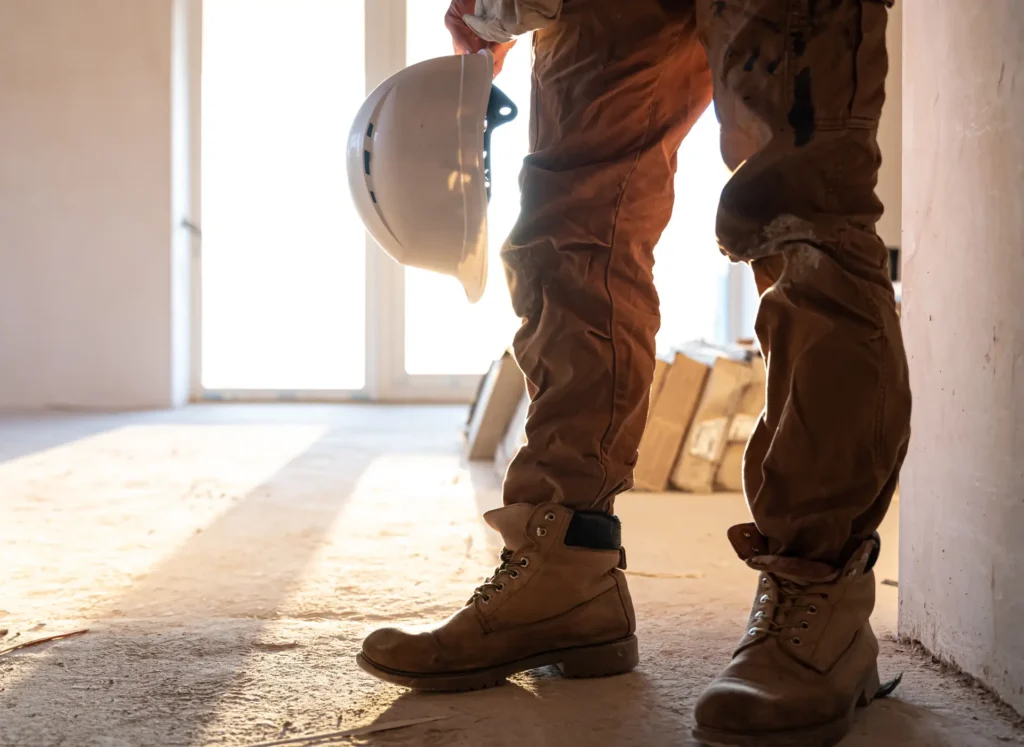 Construction professional in a hard hat and work boots on a commercial job site